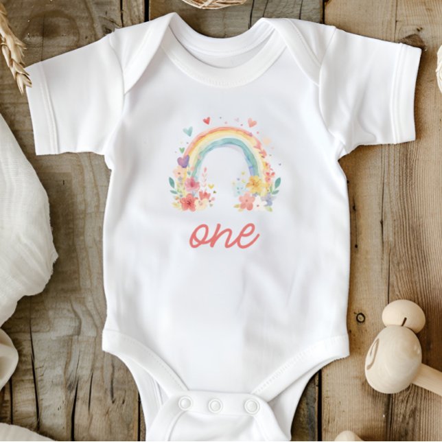 Boho regnbåge blommig pastell "Ett" Första födelse T Shirt (boho one shirt, pastel first birthday, floral rainbow outfit, baby girl birthday, cake smash outfit)
