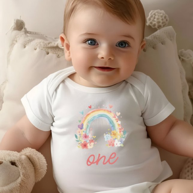 Boho regnbåge blommig pastell "Ett" Första födelse T Shirt (boho first birthday, "one" shirt, floral rainbow bodysuit, baby girl birthday, cake smash outfit)