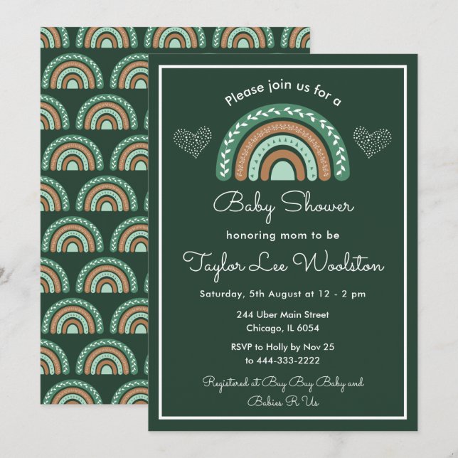 Boho regnbåge grön och brun baby shower inbjudningar (Fram/baksida)