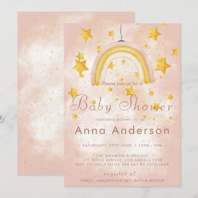 Boho regnbåge guldstjärnor magiskt damm baby showe inbjudningar (Fram/baksida)