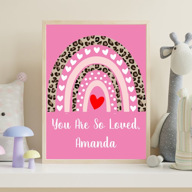Boho regnbåge leopardmönster hjärtan barnkammare v poster (Boho Rainbow Personalized Nursery Wall Art. You Are So Loved)