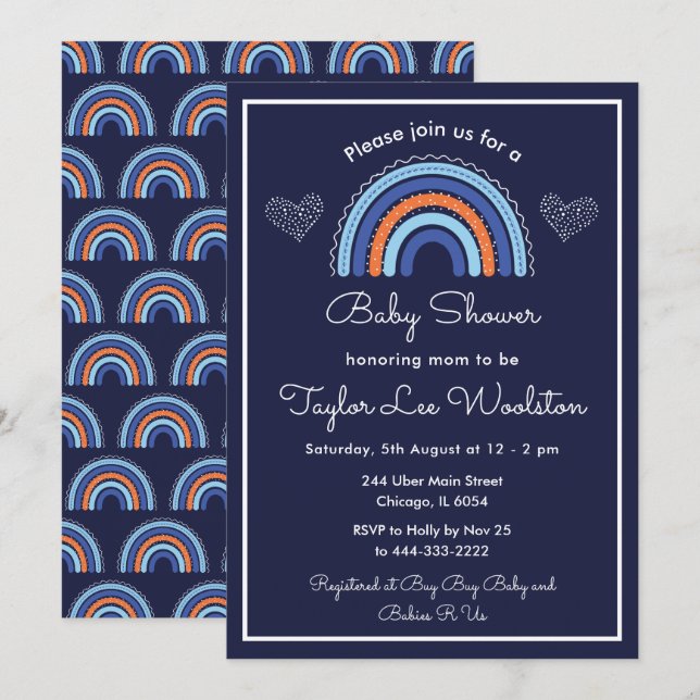 Boho regnbåge marinblå baby shower inbjudningar (Fram/baksida)