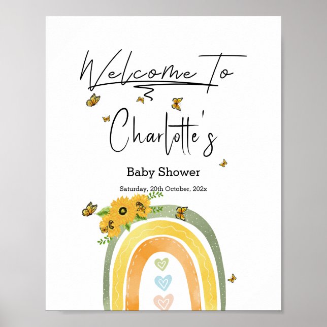 Boho regnbåge med solrosor Baby Shower Välkomstsky Poster (Framsidan)