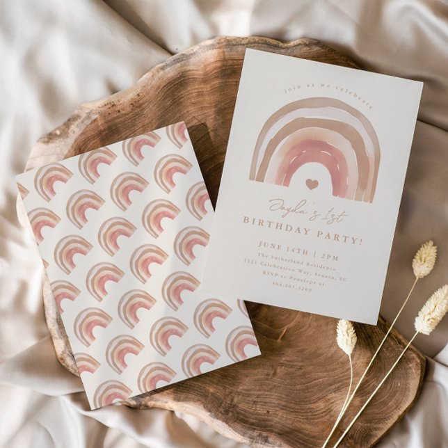 Boho regnbåge Neutrala barnkalas Inbjudningar (Boho rainbow neutral kids birthday party invitation.)