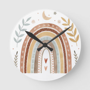 Boho regnbåge Nursery Print – Neutral jordnära ton Rund Klocka