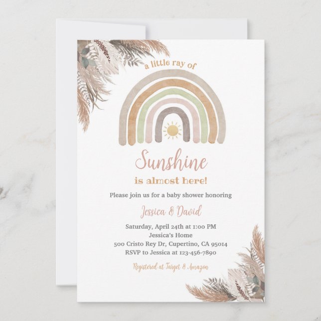 Boho regnbåge Pampas gräs baby shower Inbjudningar (Framsida)