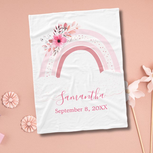 Boho regnbåge rosa blommor babyfilt present fleecefilt (Pink Boho Rainbow with Flowers Baby Shower Gift for New born baby girl Baby Blanket)