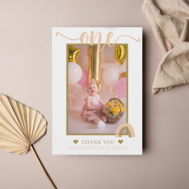 Boho regnbåge rosa guld Första födelsedagsfoto Tack Kort (Skapare uppladdad)