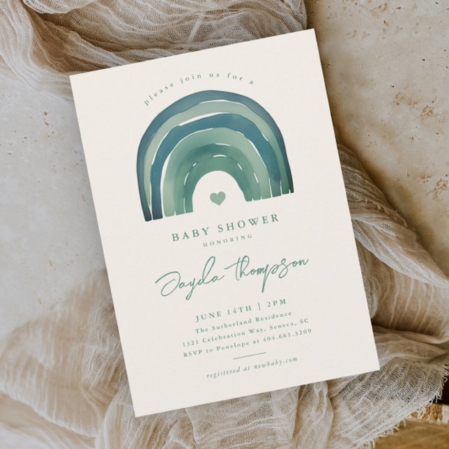 Boho regnbåge Sage grön baby shower Inbjudningar (Boho rainbow sage green neutral baby shower invitation.)