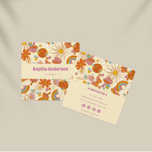 Boho Retro-Affärskort med Pastel 70s-Blommigt Fyrkantigt Visitkort