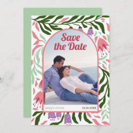 Boho retro arch-färgade folklore-blommor spara datumet