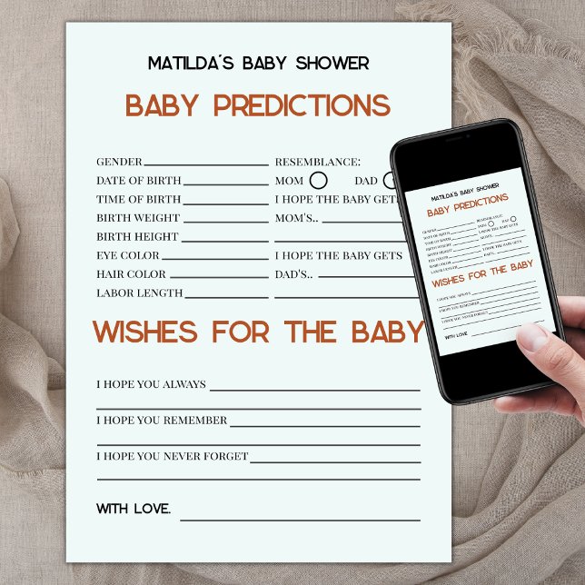 Boho Retro Baby Predictions och Önskemål Baby Show Kort (baby predictions and wishes for the baby, baby shower games, retro baby shower, boho sun)
