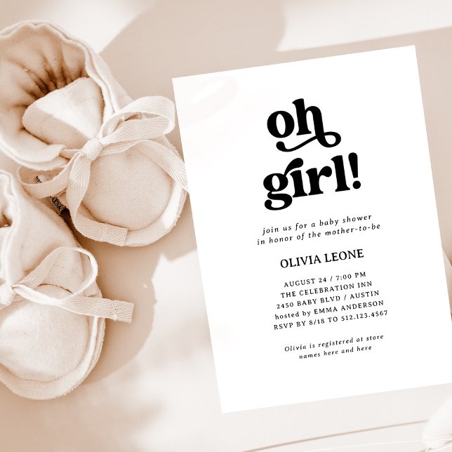 Boho Retro Black and White | Oh Girl Baby Shower Inbjudningar (Skapare uppladdad)