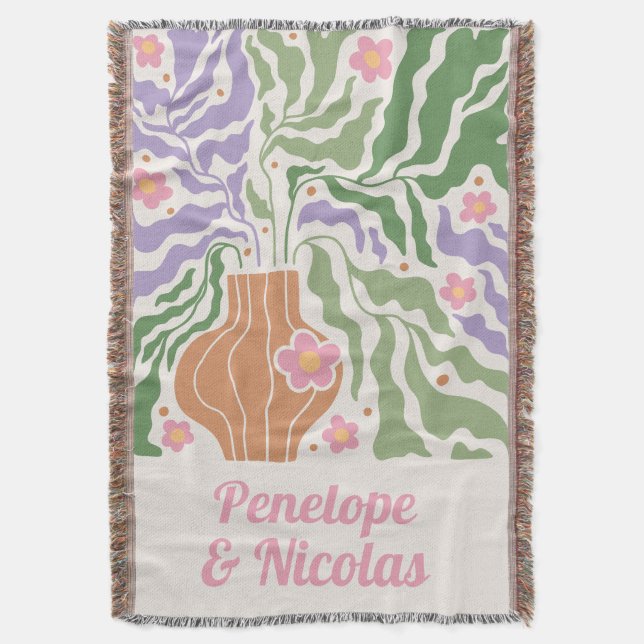 Boho Retro Blommig Anpassad Sänglakan för Lägenhet Filt (Framsidan Vertikal)