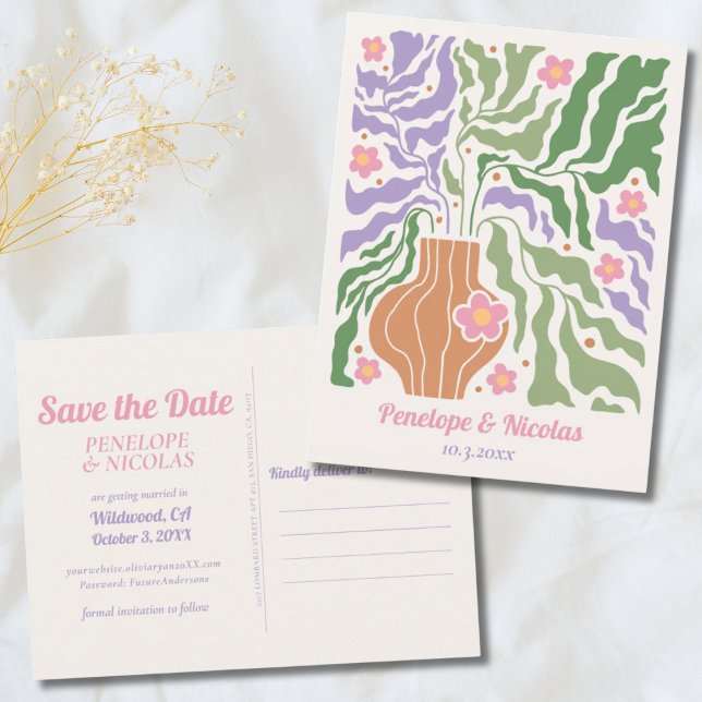Boho Retro Blommigt Bröllop spara datum vykort (Boho Retro Floral Wedding Save the Date Postcard)