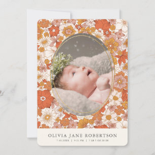 Boho Retro Blommigt Girl Photo Birth Notice Inbjudningar