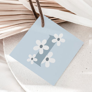 Boho Retro Blue Daisy 1st Groovy Birthday Gåvor Etiketter