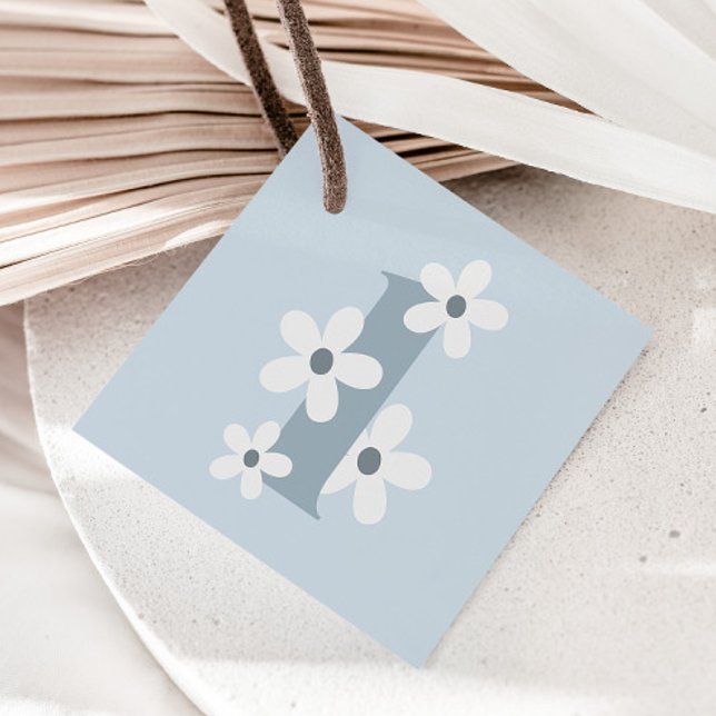 Boho Retro Blue Daisy 1st Groovy Birthday Gåvor Etiketter (Skapare uppladdad)