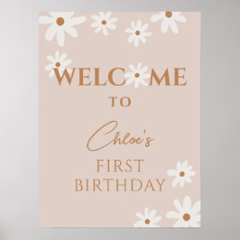 Boho Retro Brown Daisy Girl Birthday Välkommen Poster