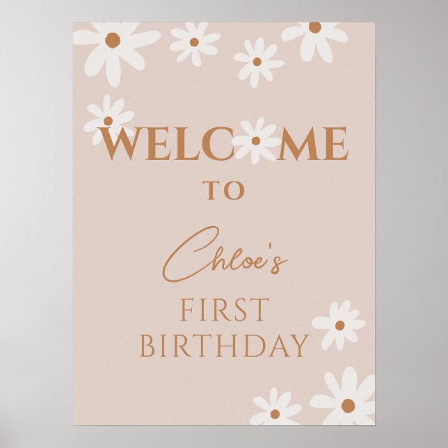 Boho Retro Brown Daisy Girl Birthday Välkommen Poster (Framsidan)