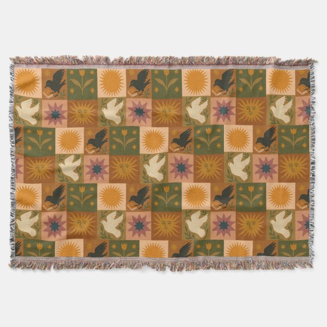 Boho Retro Celestial Sol Måne Filt (Framsidan)