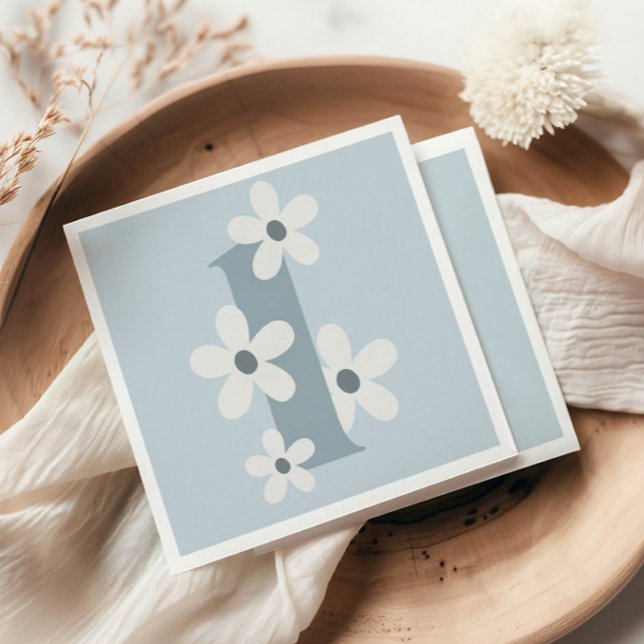 Boho Retro Daisy 1st Groovy Blue Birthday Pappersservett (Skapare uppladdad)