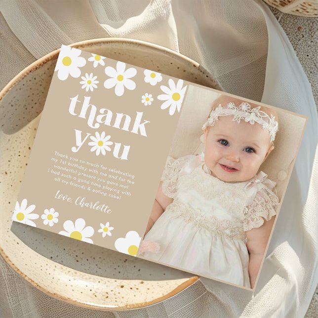 Boho Retro Daisy Birthday Photo Tack Kort (Skapare uppladdad)