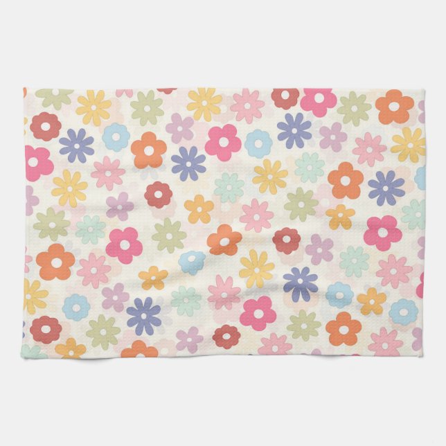 Boho Retro Daisy Flowers, sommartid 70 Kökshandduk (Horisontell)