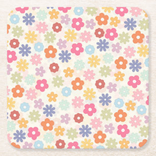 Boho Retro Daisy Flowers, sommartid 70 Underlägg Papper Kvadrat