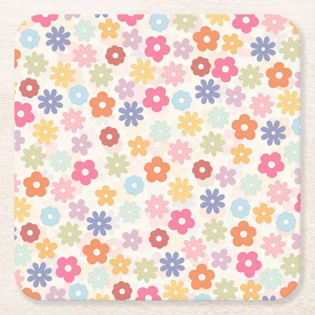 Boho Retro Daisy Flowers, sommartid 70 Underlägg Papper Kvadrat (Framsidan)