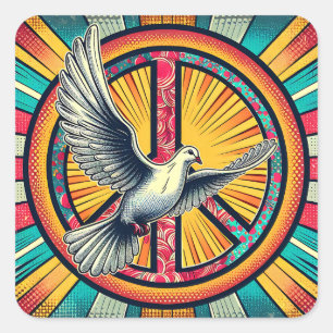 Boho Retro Dove och Fredstecken Fyrkantigt Klistermärke