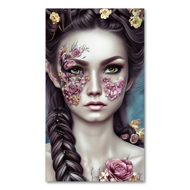 Boho Retro Fantasy Girl with Flowers Magnetiska Visitkort (Framsida vertikal)