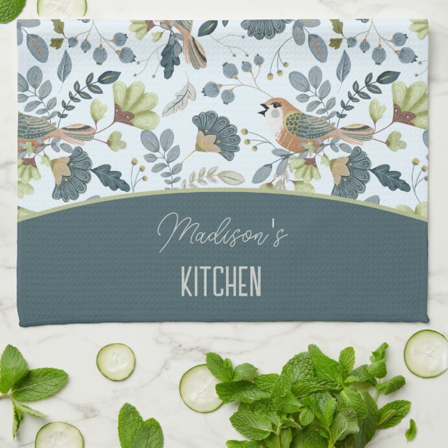 Boho Retro Flower och Birds Mönster Namn Kökshandduk (Vikta)