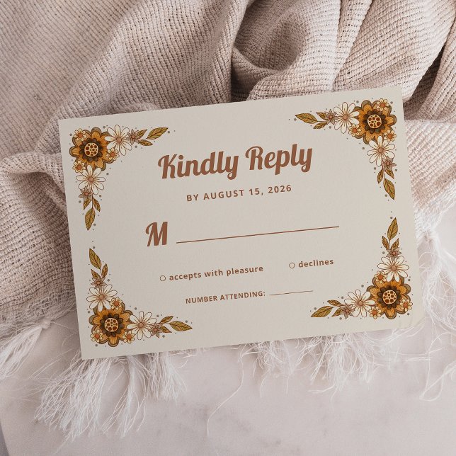 Boho Retro Flowers | BRÖLLOP OSA Kort (A trendy, neutral wedding rsvp card with retro flowers)