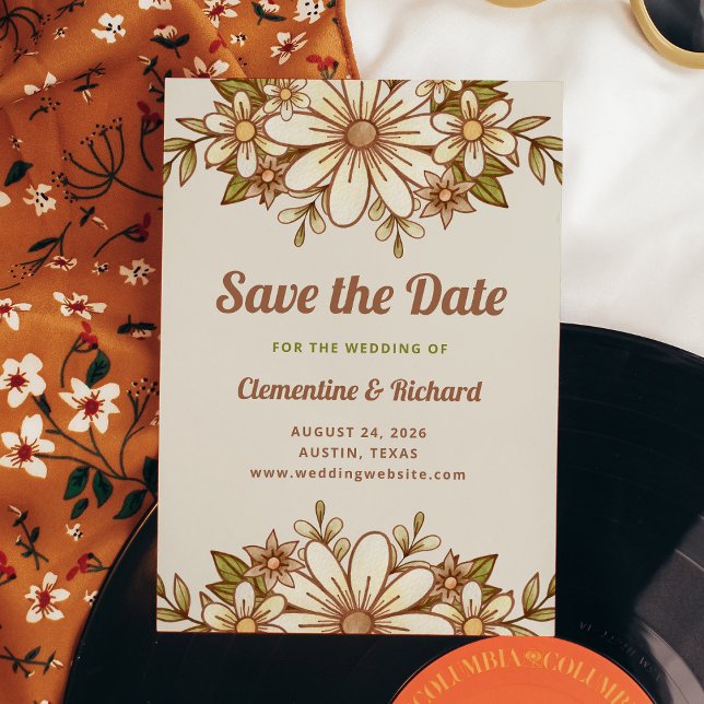 Boho Retro Flowers | BRÖLLOP Spara Datumet (A retro-inspired wedding save the date card with vintage style flowers and typography)