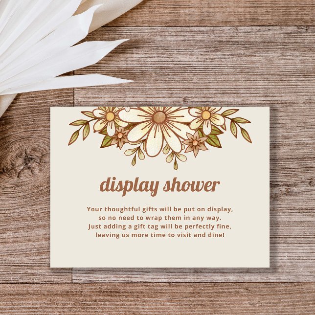 Boho Retro Flowers | Visning Visare ej inslagen gå Tilläggskort (A retro floral bridal shower card asking guests to bring unwrapped gifts for a display shower)