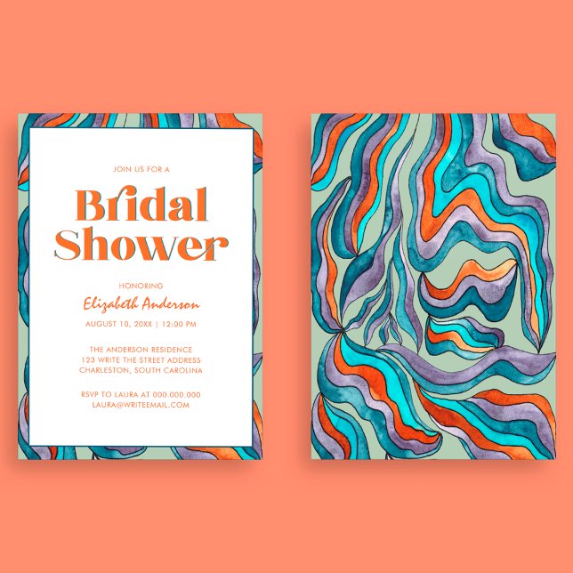 Boho Retro Grönt Typography Vågigt Möhippa Inbjudningar (Front and Back)