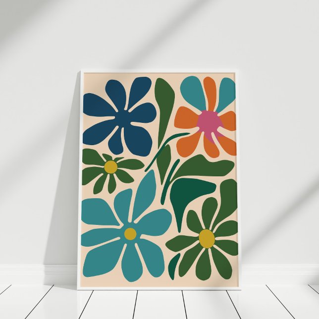 Boho Retro Groovy Flower Market Wall Art Poster (Boho Retro Groovy Flower Market Wall Art in a white frame on the wooden floor.)