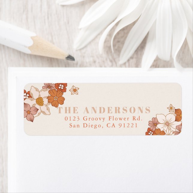 Boho Retro Groovy Orange Blommigt Returadress Etikett (Insitu)