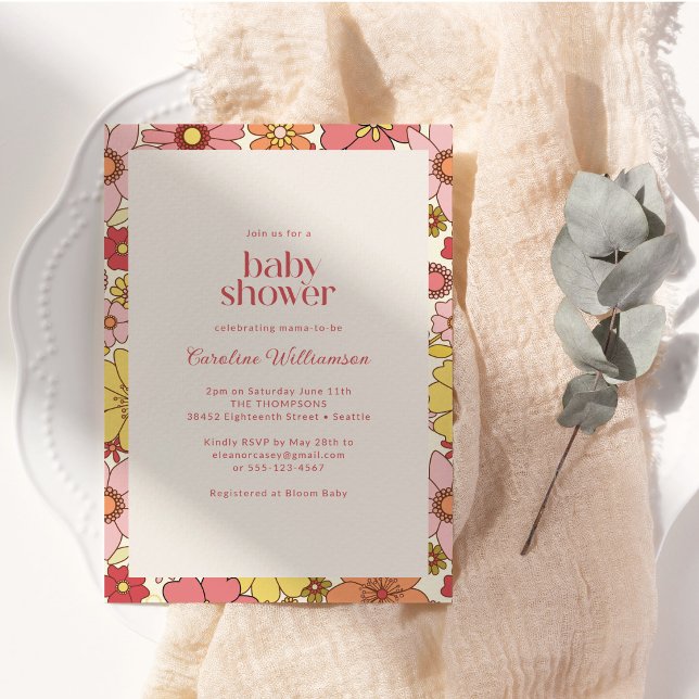 Boho Retro Groovy Rosa Orange Blommig Bebis Shower Inbjudningar (Skapare uppladdad)