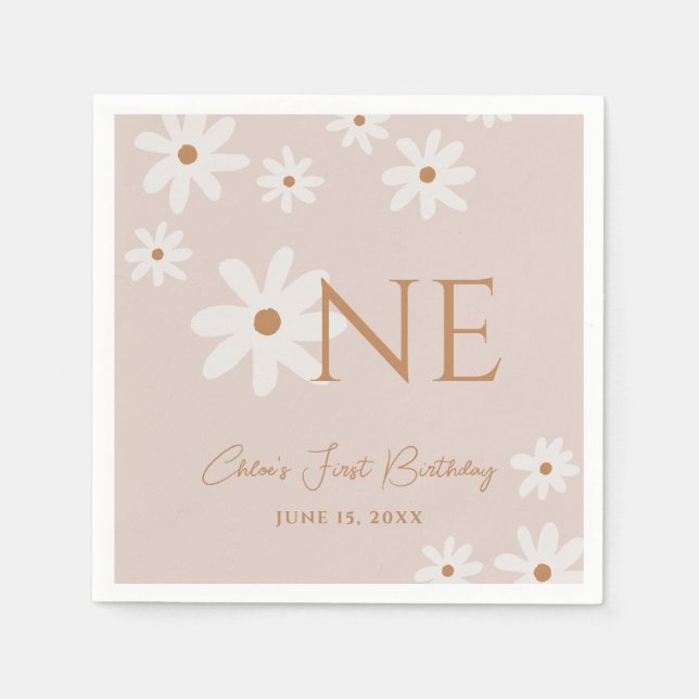 Boho Retro Light Brown Daisy Blommigt första födel Pappersservett (Framsidan)