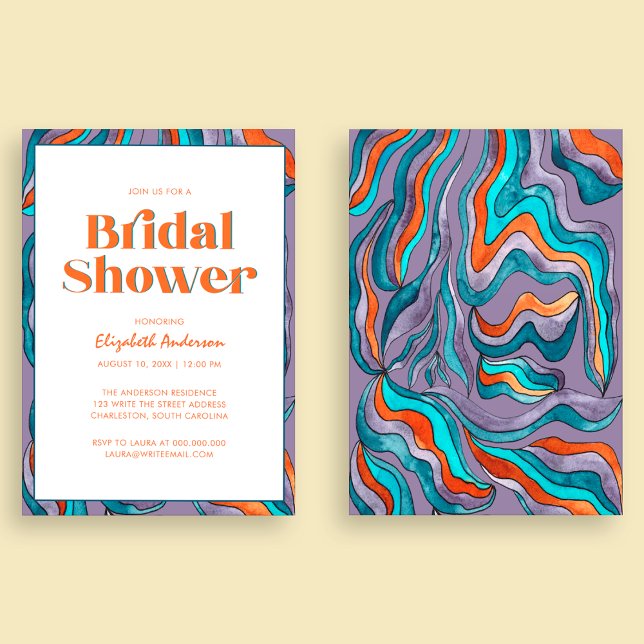 Boho Retro Lila Typography Vågigt Möhippa Inbjudningar (Front and Back)