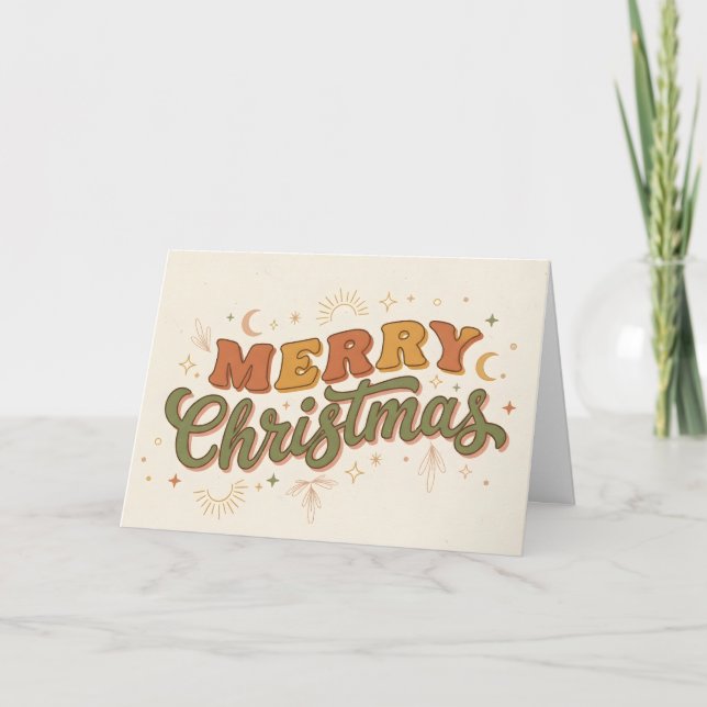 Boho Retro Merry Christmas Greeting Card Helgkort (Framsida)