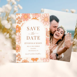 Boho Retro Orange Daisy Blommigt Spara datumfoto Inbjudningar
