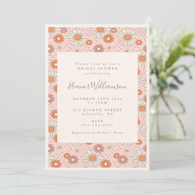 Boho Retro Pastel Rosa Blommigt Möhippa Inbjudningar (Stående Fram)