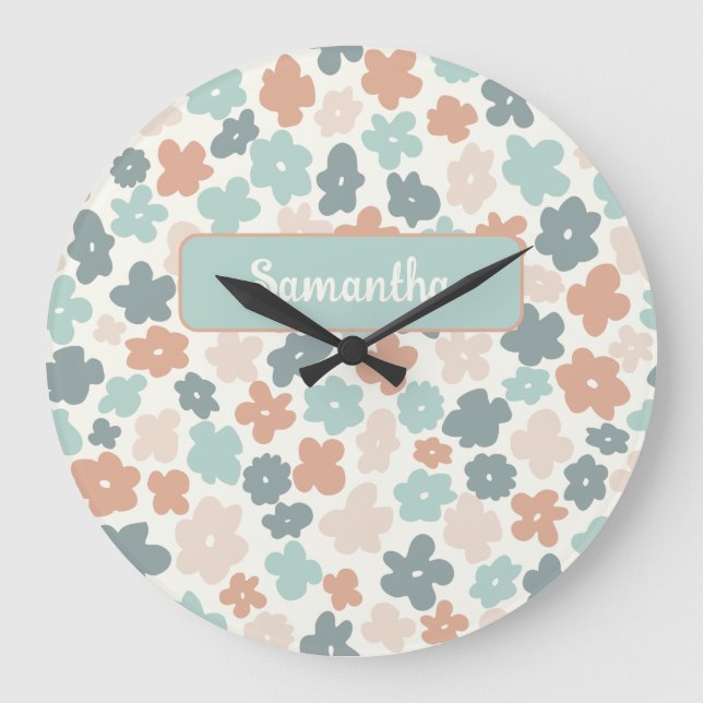 Boho retro-pastellblomma stor klocka (Framsida)