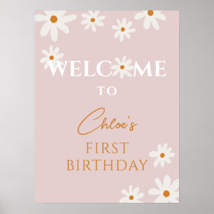 Boho Retro Rosa Daisy Blommigt Flickans födelsedag Poster