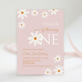 Boho Retro  Rosa Daisy Girl First Birthday Inbjudningar