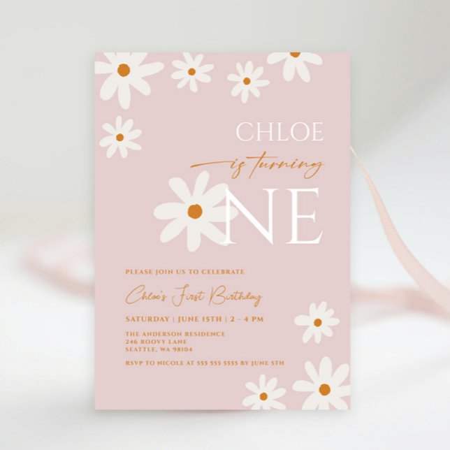 Boho Retro  Rosa Daisy Girl First Birthday Inbjudningar (Skapare uppladdad)