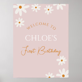Boho Retro Rosa Daisy Girl First Birthday Välkomme Poster